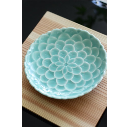 【清水焼】青釉花彫皿