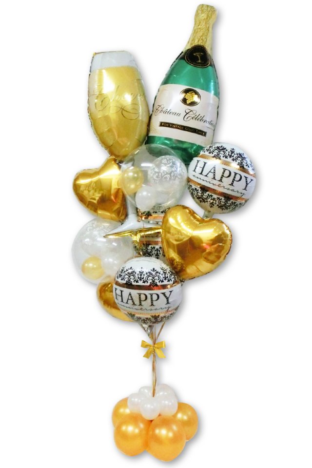 【バルーン】シャンパンボトル＆グラス ゴールドブーケ - バルーン  B-STYLE(ビースタイル)大阪のおしゃれなバルーンショップ・オーダーメイドギフト・パーティー