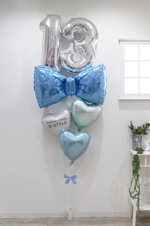 話題の人気 バルーン】66cm ナンバー シルバー ブルーリボンブーケ(2ケタ 花束・アレンジメント