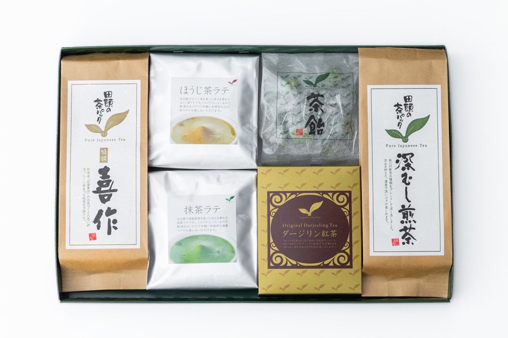 深むし煎茶/喜作/ダージリン紅茶/ほうじ茶ラテ/抹茶ラテ/茶飴