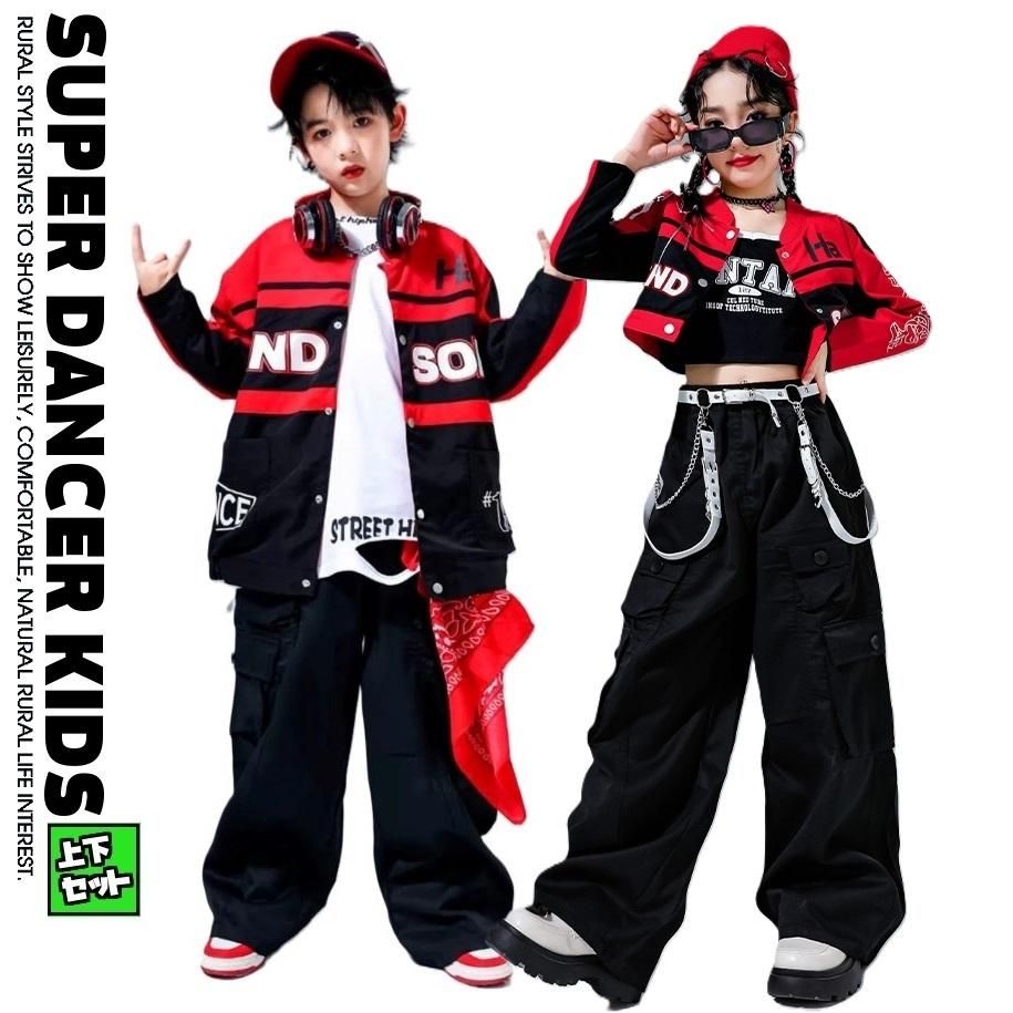 キッズダンス衣装 セットアップ 赤 黒 ヒップホップ 衣装 ダンス