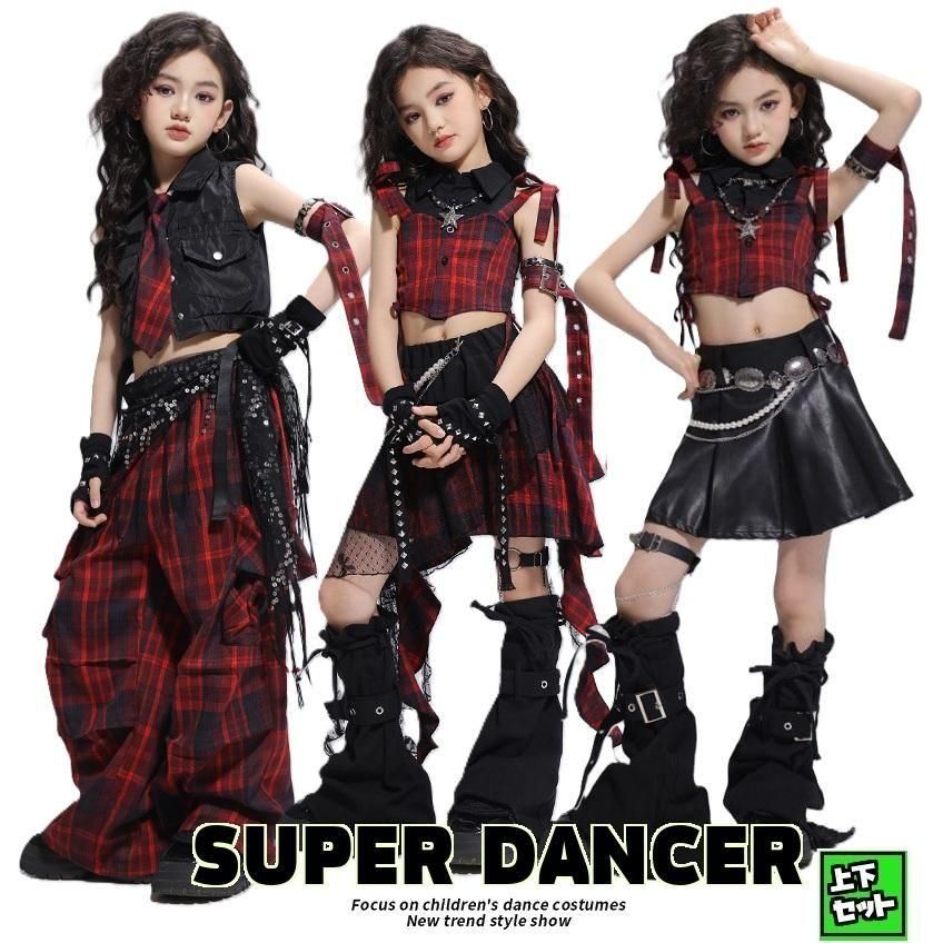 【韓国発】キュービックベルトボタンミニセットアップ ダンス衣装 セットアップ 黒 赤 チェック柄 ガールズ ヒップ