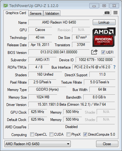 AMD Radeon HD 6450 1024MB D-sub 15pin/HDMI/DVI-D PCI Express 2.0