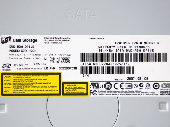 41R0097 Lenovo 内蔵 16倍速 DVD-ROMドライブ Serial ATA接続 HL Data Storage  GDR-H20N【中古DVD-ROMドライブ】 - プリンター、サーバー、セキュリティは「アールデバイス」