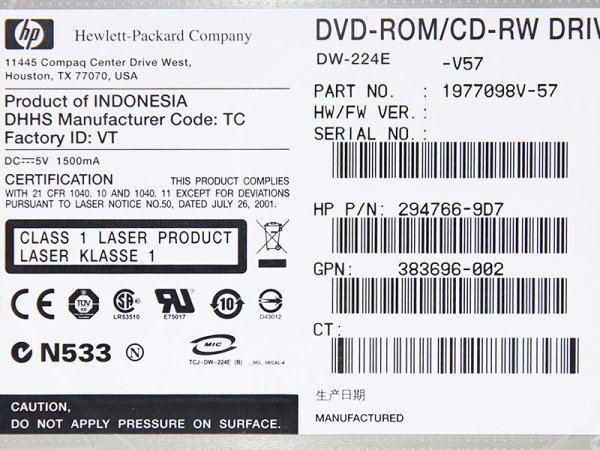 294766-9D7 Hewlett-Packard Company 内蔵 DVD-ROM/CD-RW ドライブ TEAC Corporation  DW-224E【中古】 - プリンター、サーバー、セキュリティは「アールデバイス」