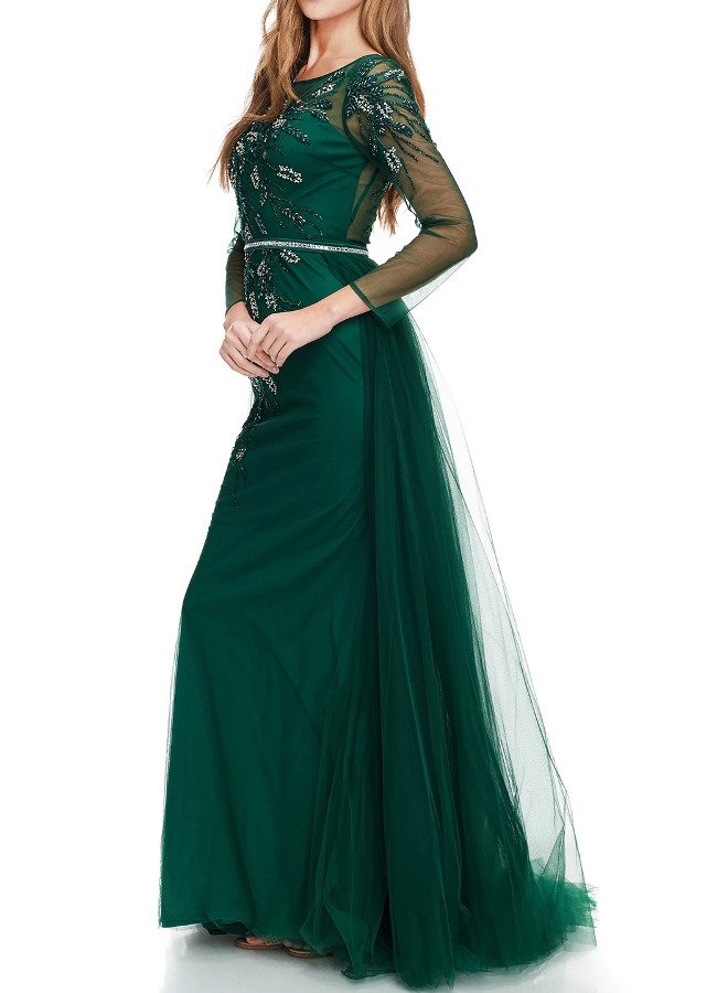 演奏会ドレスとステージドレスのスレンダーライン袖付きエメラルドグリーン 緑色