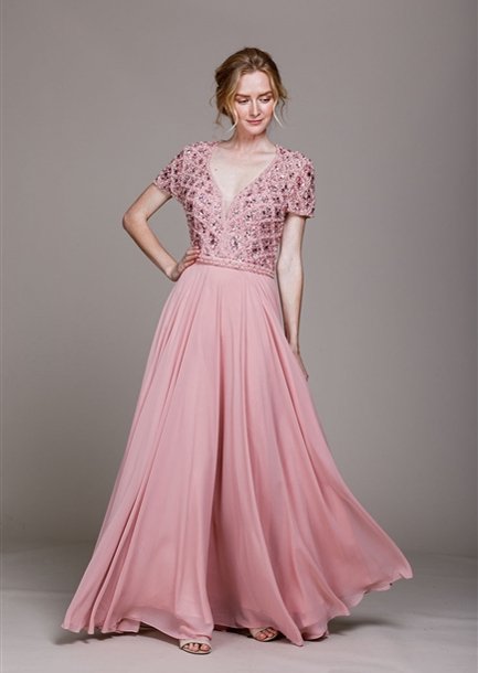 演奏会ドレスとステージドレスのＡラインお袖付きローズカラー ピンク色