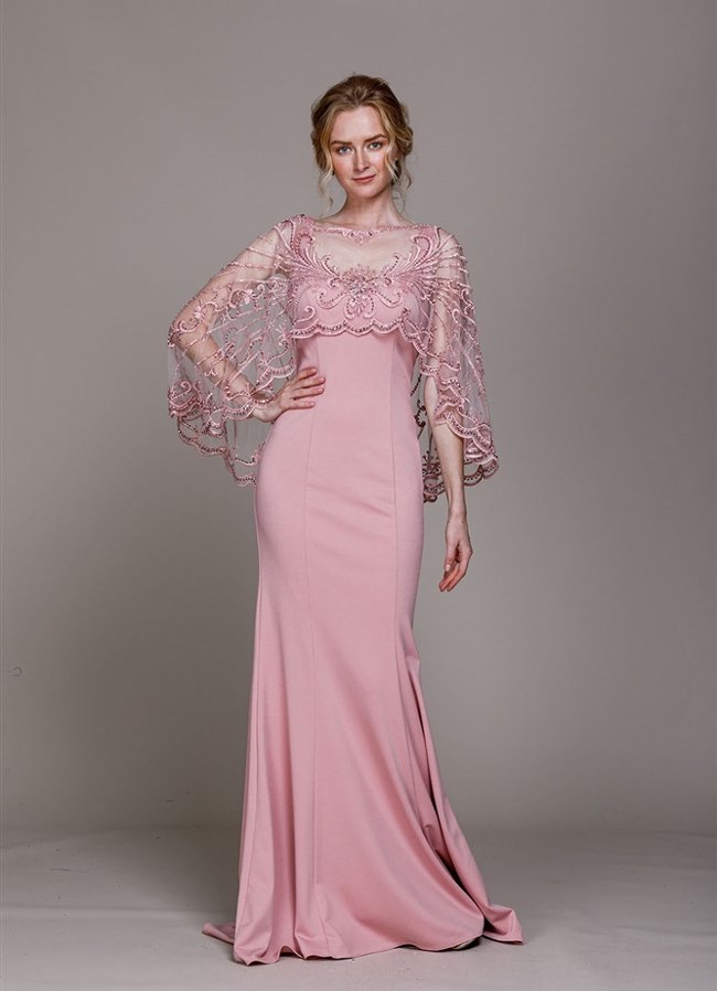 演奏会ドレスとステージドレスのスレンダーラインの袖付き ローズピンク 薔薇色