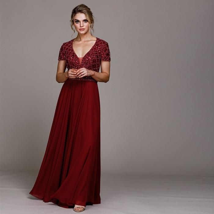 バーガンディ ビジュー付きドレス Mサイズ XS～Lサイズあり】レーススリーブ×バストビジュータイトミニ