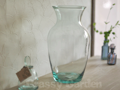 ブルーガラス花瓶 フラワーベース リサイクル スペイン製 シャビーでジャンクなガーデン雑貨 Grassy Garden