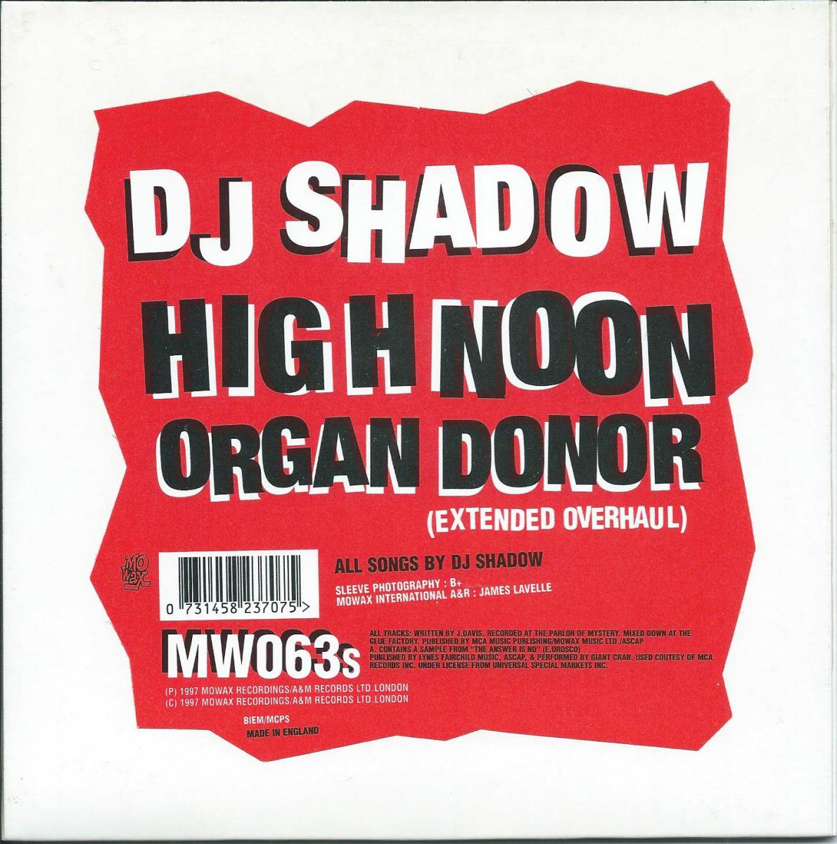 DJ SHADOW HIGH NOON ORGAN DONOR 7インチレコード - 洋楽