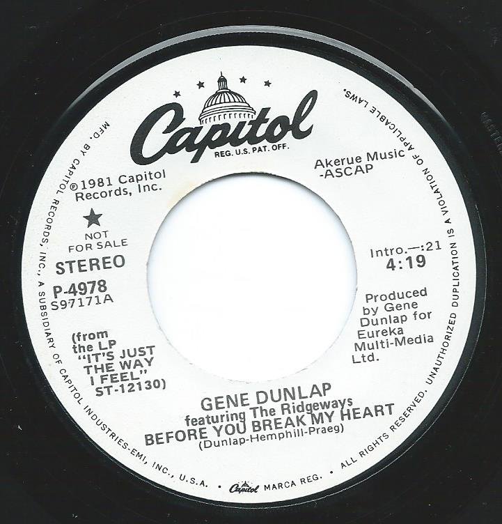 GENE DUNLAP FEATURING THE RIDGEWAYS ‎/ BEFORE YOU BREAK MY HEART