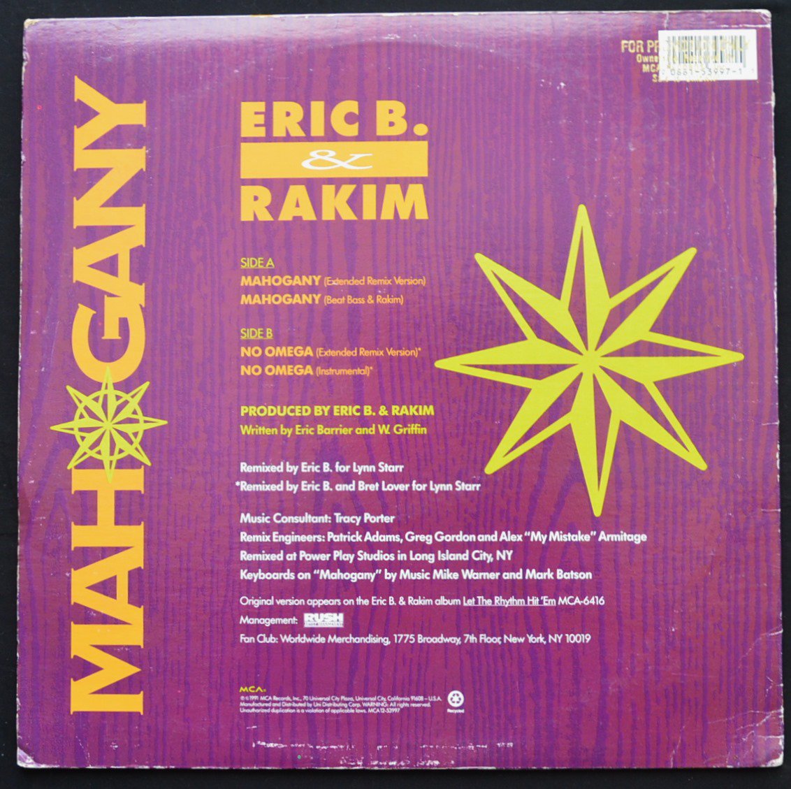 ERIC B. & RAKIM / MAHOGANY - EXTENDED REMIX / NO OMEGA - EXTENDED REMIX  (12