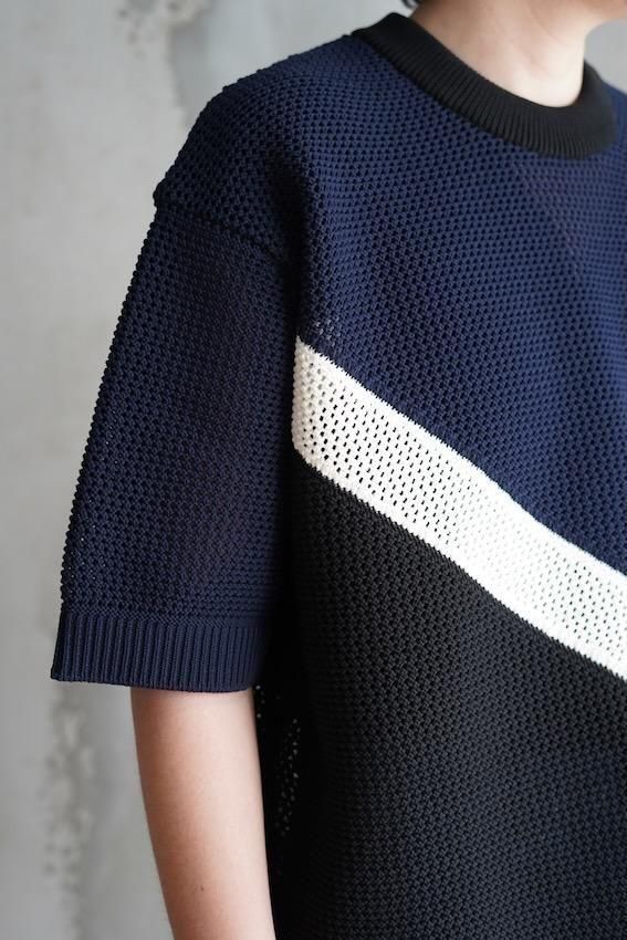 タグ付き未使用　Short Sleeve Knit Pullover Bi Color Mesh Knit Short Sleeve Pullover (NAVY) - IDIOME