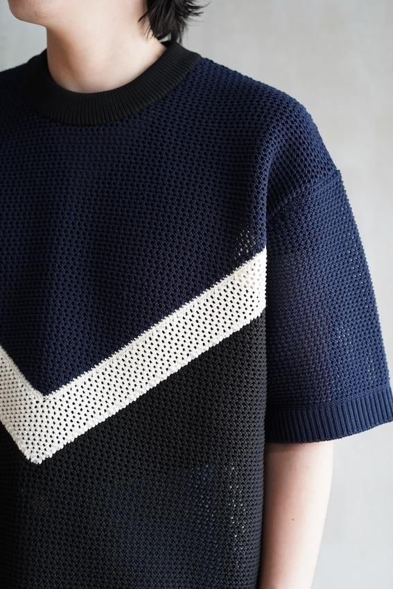 Bi Color Mesh Knit Short Sleeve Pullover (NAVY) - IDIOME