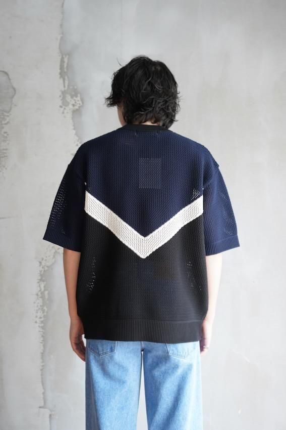 Bi Color Mesh Knit Short Sleeve Pullover (NAVY) - IDIOME