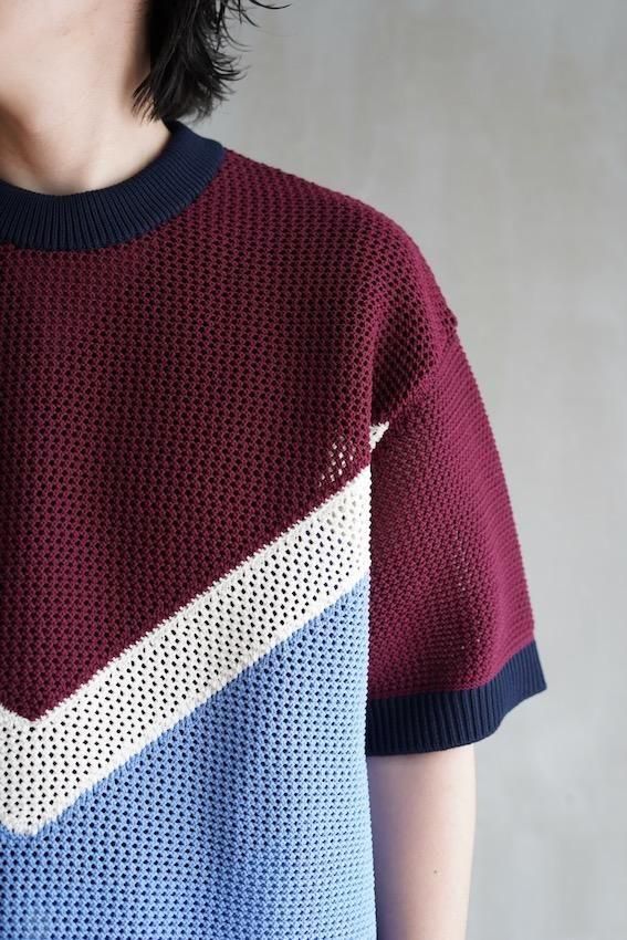 Bi Color Mesh Knit Short Sleeve Pullover (BORDEAUX) - IDIOME