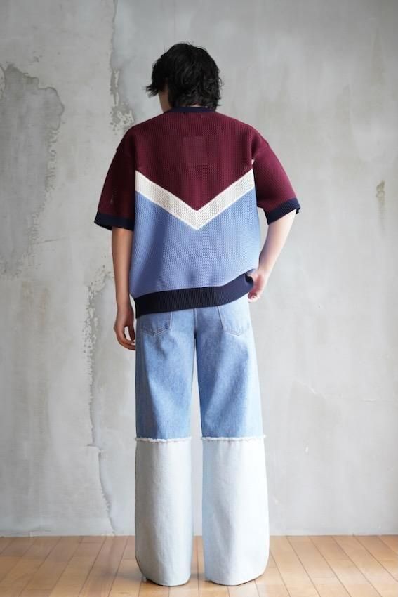 Bi Color Mesh Knit Short Sleeve Pullover (BORDEAUX) - IDIOME