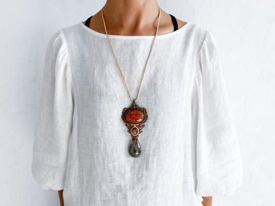 フォッシルコーラル×サンストーン×ルチルクォーツマクラメ