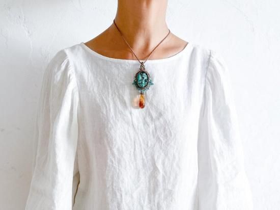 チベタンターコイズ×アンバーマクラメペンダント&アンバーマクラメピアスセット