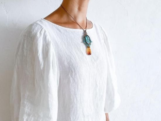 チベタンターコイズ×アンバーマクラメペンダント&アンバーマクラメピアスセット