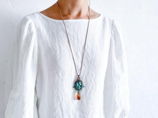 チベタンターコイズ×アンバーマクラメペンダント&アンバーマクラメピアスセット