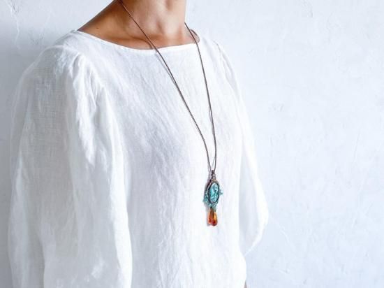 チベタンターコイズ×アンバーマクラメペンダント&アンバーマクラメピアスセット