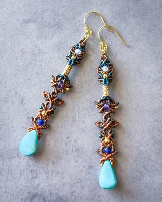 アリゾナターコイズ×ムーンストーンマクラメペンダント&ターコイズマクラメピアスセット