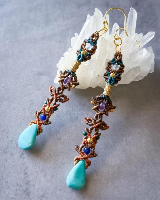 アリゾナターコイズ×ムーンストーンマクラメペンダント&ターコイズマクラメピアスセット