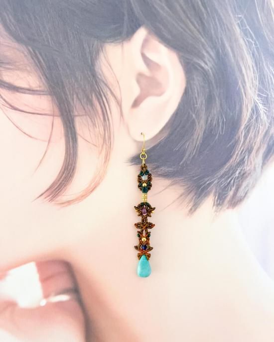 アリゾナターコイズ×ムーンストーンマクラメペンダント&ターコイズマクラメピアスセット着画