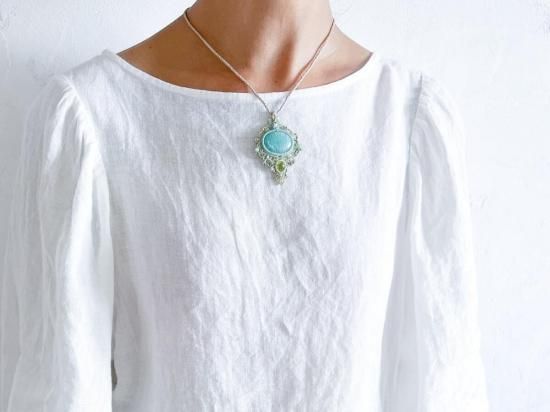 アマゾナイト×ペリドットマクラメペンダント&アマゾナイトマクラメピアスセット