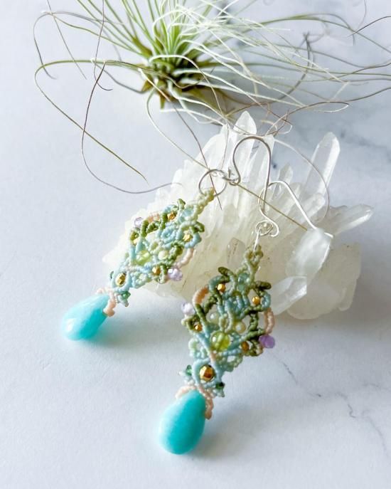 アマゾナイト×ペリドットマクラメペンダント&アマゾナイトマクラメピアスセット