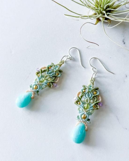 アマゾナイト×ペリドットマクラメペンダント&アマゾナイトマクラメピアスセット