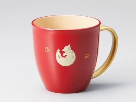 食洗器・レンジ対応：ねこ マグカップ(持ち手金) 朱内白 1個 - 鷹休