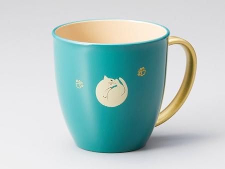 食洗器・レンジ対応：ねこ マグカップ(持ち手金) ブルー内白 1個 - 鷹
