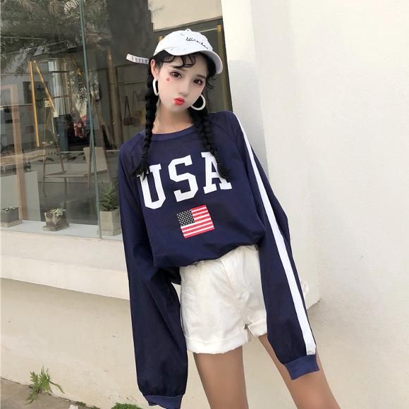 Ll 4l Usa アメリカ国旗プリント 長袖tシャツ Papillonshop 大きいサイズ専門店 レディースファッション通販