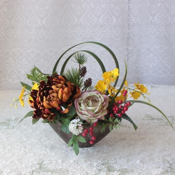 ♧* 可愛らしい菊がメイン♡ 花器付き♬ ２個セット 造花アレンジメント♡ ♧* 可愛らしい菊がメイン♡ 花器付き♬ 2個セット 造花