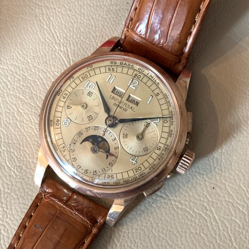 18K UNIVERSAL GENEVE COMPAX ユニバーサルジュネーブ クロノグラフ トリプルカレンダー ムーンフェイズ - 時代物屋  ピッカー（川尻商店）