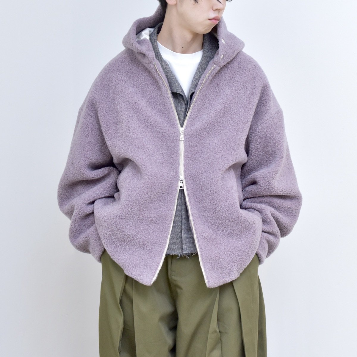 URU | Sheep Boa Zip Up Hooded Blouson (Lavender) - FFC.