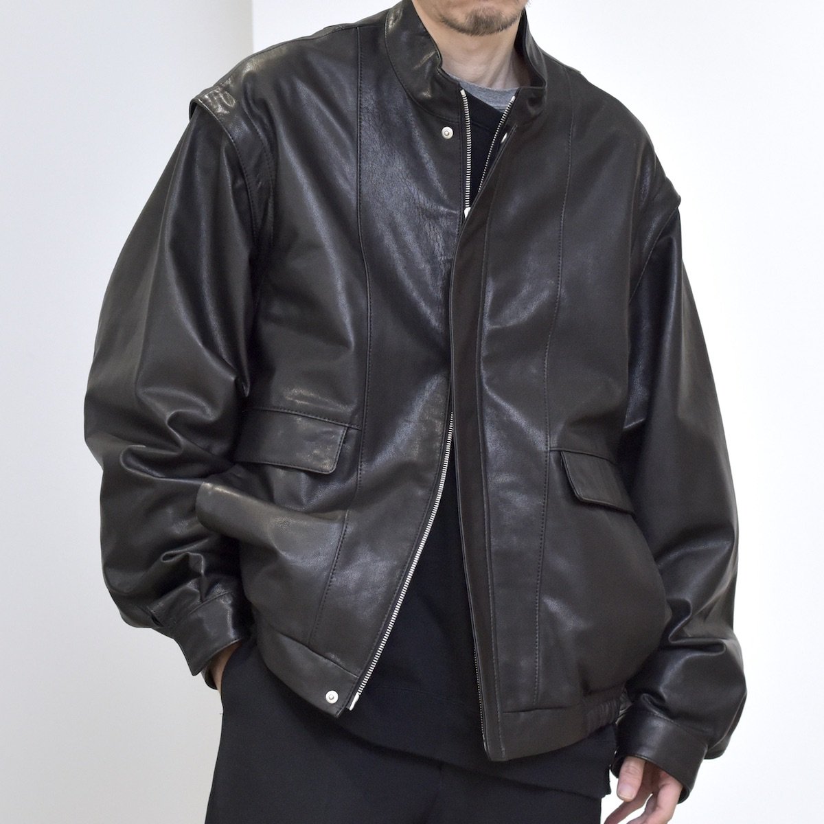 stein | Detachable Sleeves Leather Blouson (Black) - FFC.