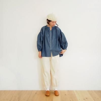 Cotton chambray button gathered blouse - pongee