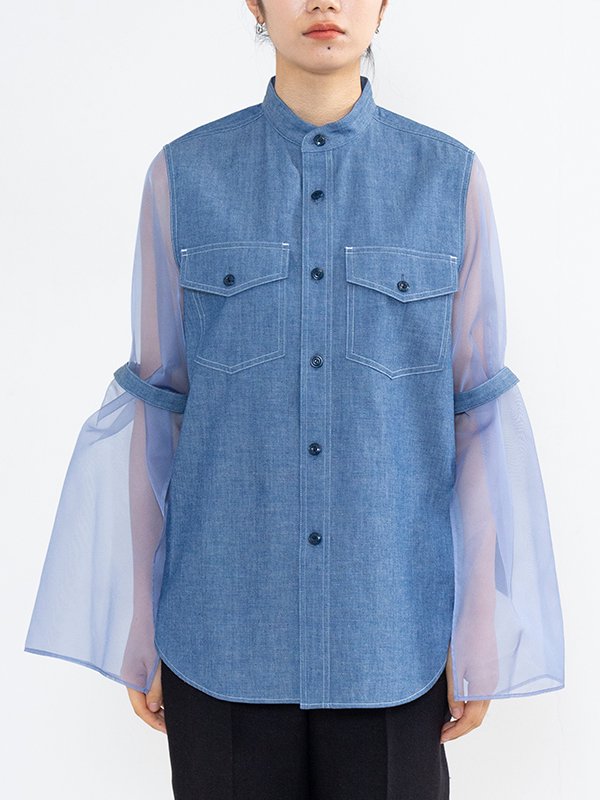 CHAMBRAY MILITARY SHIRT WITH SHEER SLEEVES-シャンブレーミリタリー