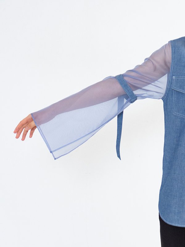 CHAMBRAY MILITARY SHIRT WITH SHEER SLEEVES-シャンブレーミリタリー