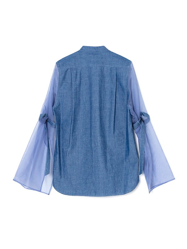 CHAMBRAY MILITARY SHIRT WITH SHEER SLEEVES