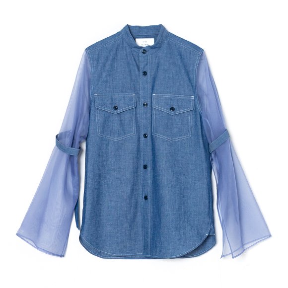 CHAMBRAY MILITARY SHIRT WITH SHEER SLEEVES