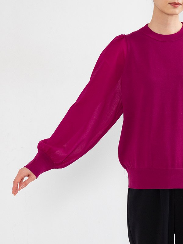 CREW NECK SWEATER WITH SHEER SLEEVES-クルーネックセーターウィズ