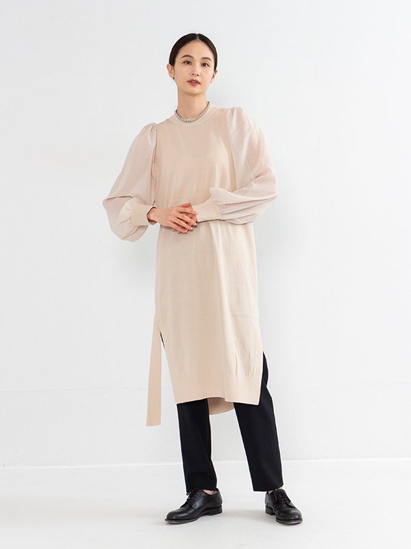 CREW NECK SWEATER DRESS WITH SHEER  SLEEVES-クルーネックセータードレスウィズシアースリーブ-HYKE（ハイク）通販| st company