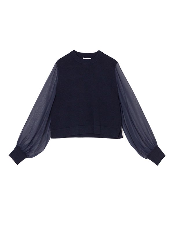 CREW NECK CROPPED SWEATER WITH SHEER  SLEEVES-クルーネッククロップセーターウィズシアースリーブ-HYKE（ハイク）通販| st company