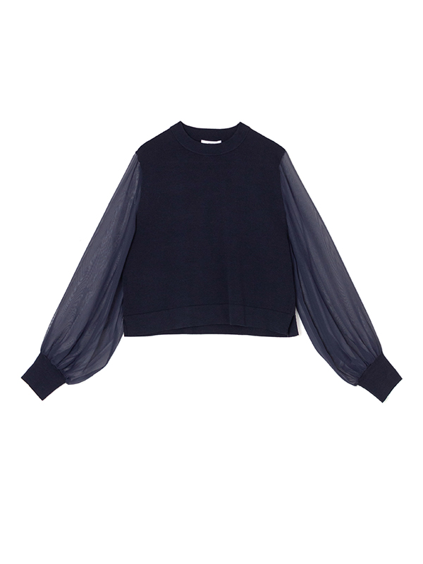 CREW NECK CROPPED SWEATER WITH SHEER SLEEVES-クルーネッククロップ