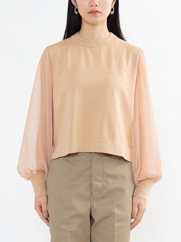 CREW NECK CROPPED SWEATER WITH SHEER SLEEVES-クルーネッククロップ ...